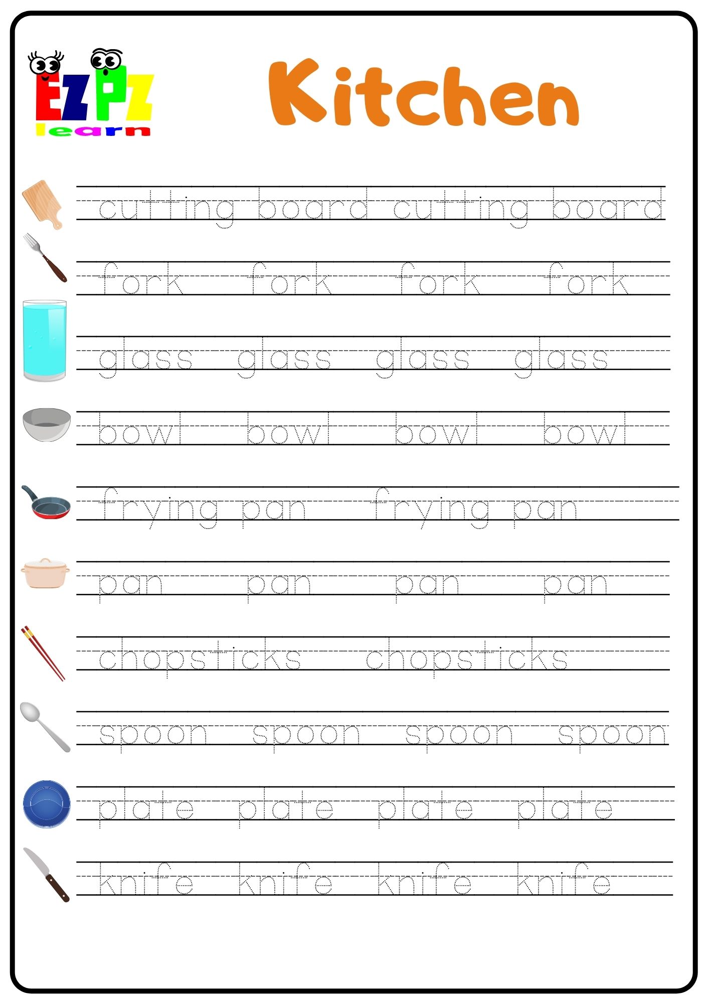 Kitchen 2 Word Tracing Worksheet Ezpzlearn Kitchen 2 Word Tracing Worksheet Ezpzlearn